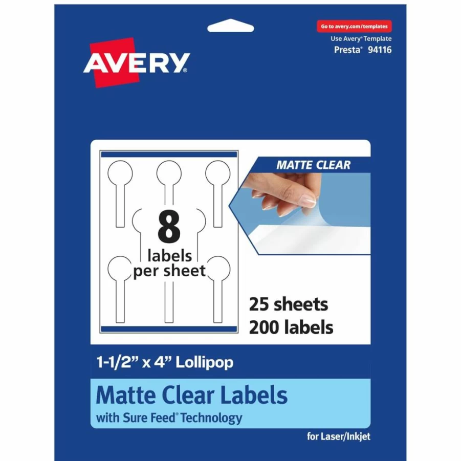 Avery Matte Clear Lollipop Labels 1.5" x 4" - 200 Pack, Sure Feed Technology, Print-To-The-Edge, Laser & Inkjet Printable, Waterproof, Smudge-Proof
