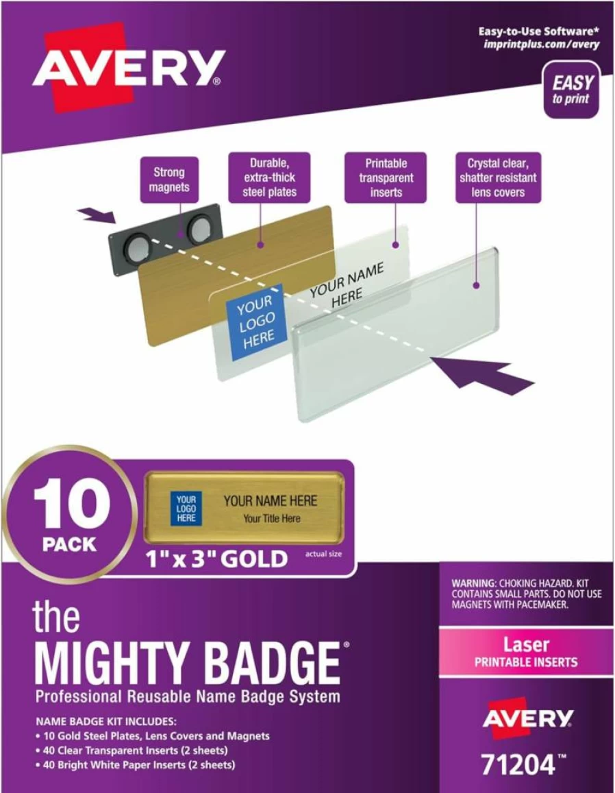 AVERY 71204 Gold Name Badges, 1" x 3" Laser Printable ID Tags with 10 Badges & 80 Inserts, The Mighty Badge for Professional Identification