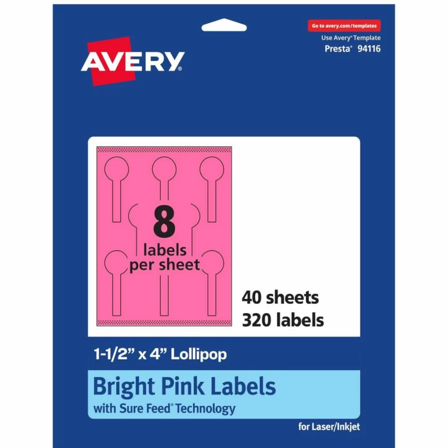 Avery Bright Pink Printable Lollipop Labels 1.5" x 4" - 80 Pack, Sure Feed Technology, Print-To-The-Edge for Laser/Inkjet, Ideal for Jars, Baking & Seal Stickers