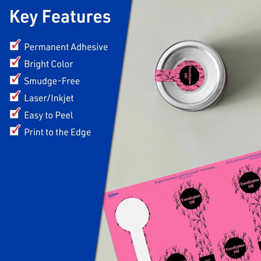 Avery Bright Pink Printable Lollipop Labels 1.5" x 4" - 80 Pack, Sure Feed Technology, Print-To-The-Edge for Laser/Inkjet, Ideal for Jars, Baking & Seal Stickers