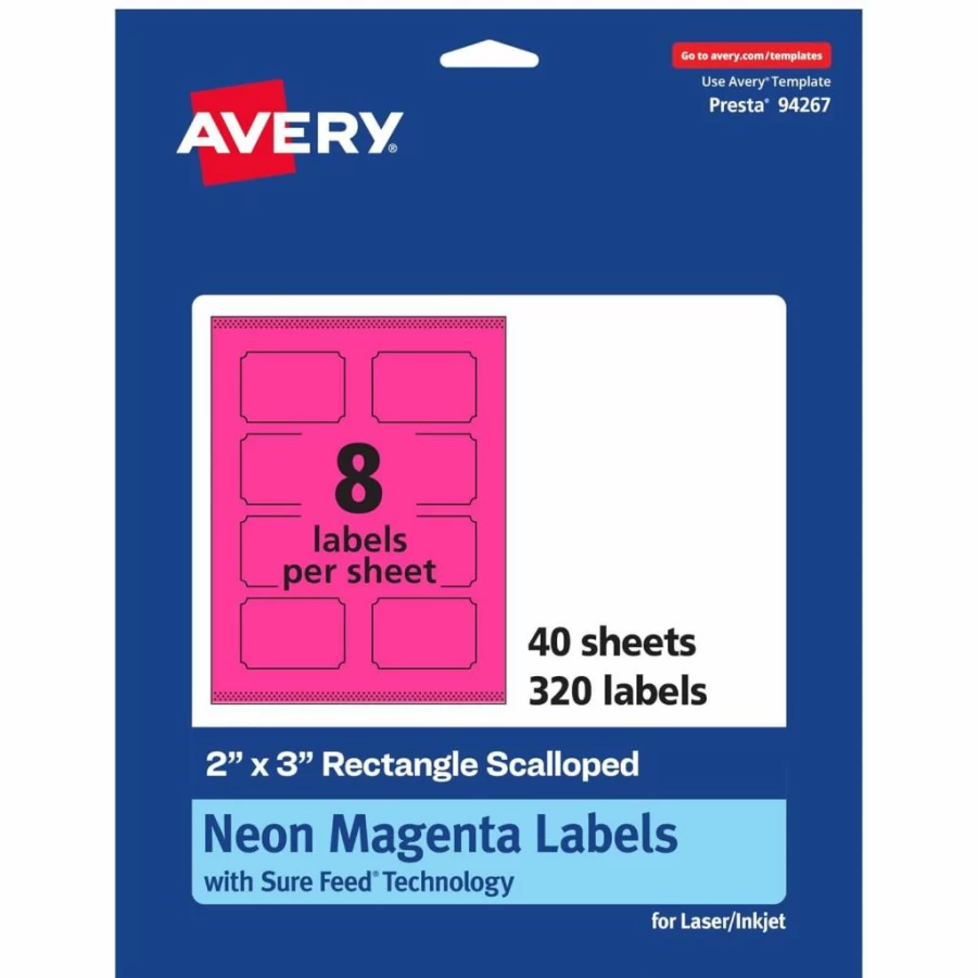Avery Neon Magenta Printable Labels 2" x 3" - 80 Scalloped Edge Mailing & Candle Labels, Sure Feed, Laser/Inkjet Compatible, Print to Edge Design