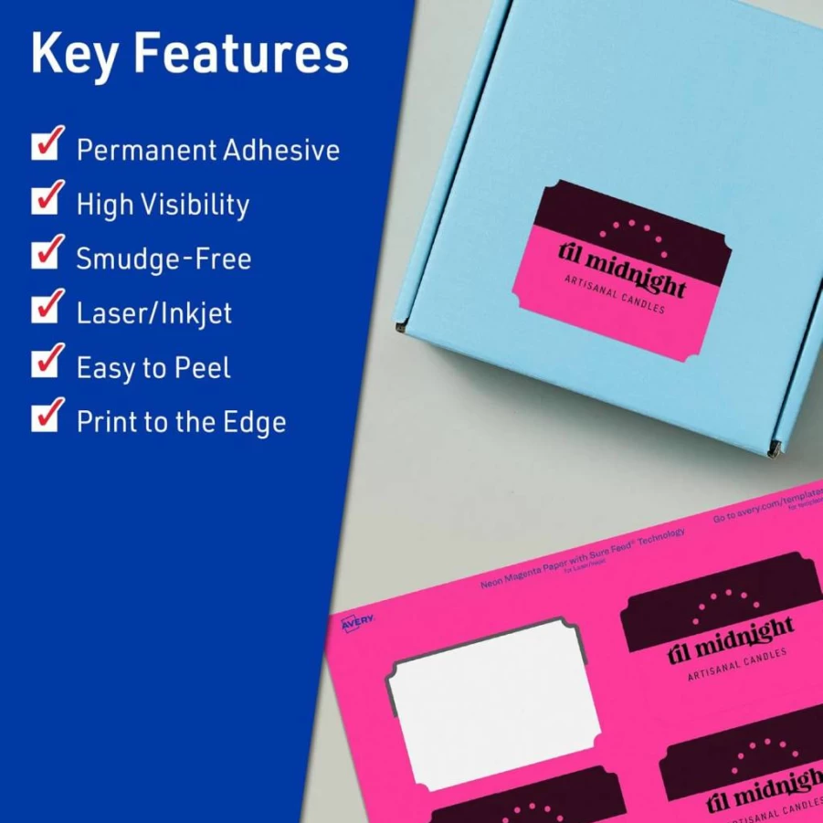 Avery Neon Magenta Printable Labels 2" x 3" - 80 Scalloped Edge Mailing & Candle Labels, Sure Feed, Laser/Inkjet Compatible, Print to Edge Design