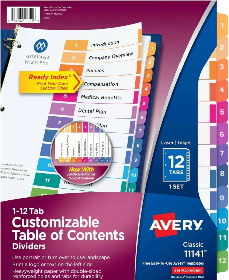 Avery 11196 Customizable 12-Tab Dividers for 3-Ring Binders with Multicolor Tabs - 6 Sets, Includes Table of Contents