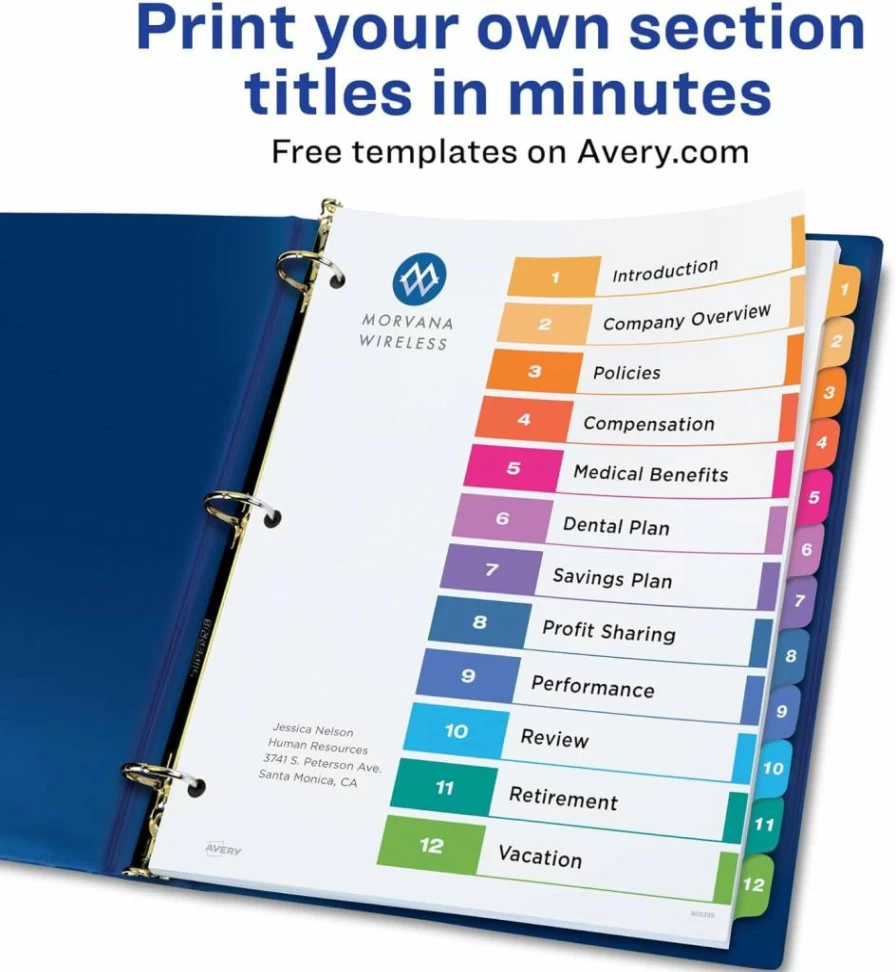 Avery 11196 Customizable 12-Tab Dividers for 3-Ring Binders with Multicolor Tabs - 6 Sets, Includes Table of Contents