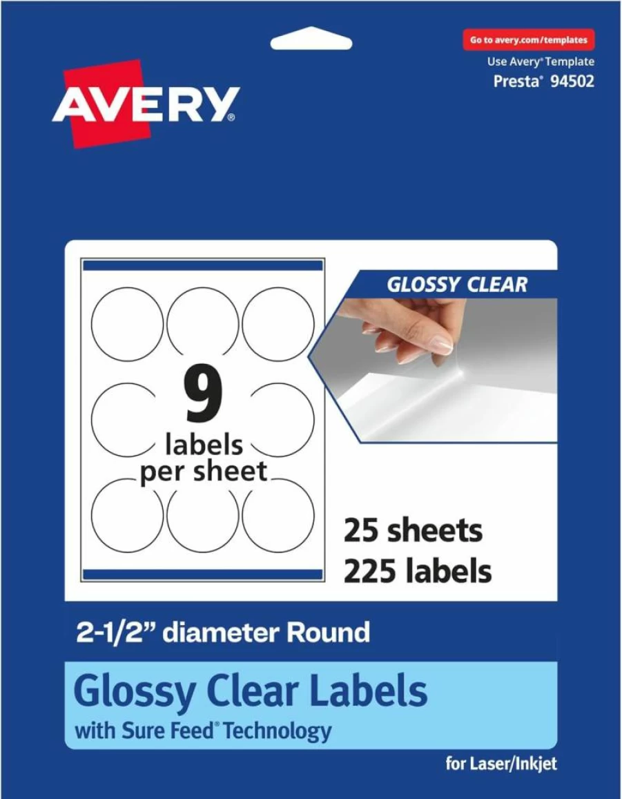 Avery Glossy Clear Round Labels 2.5" Diameter, 90-Pack, Print-to-the-Edge for Laser/Inkjet Printers, Sure Feed Technology