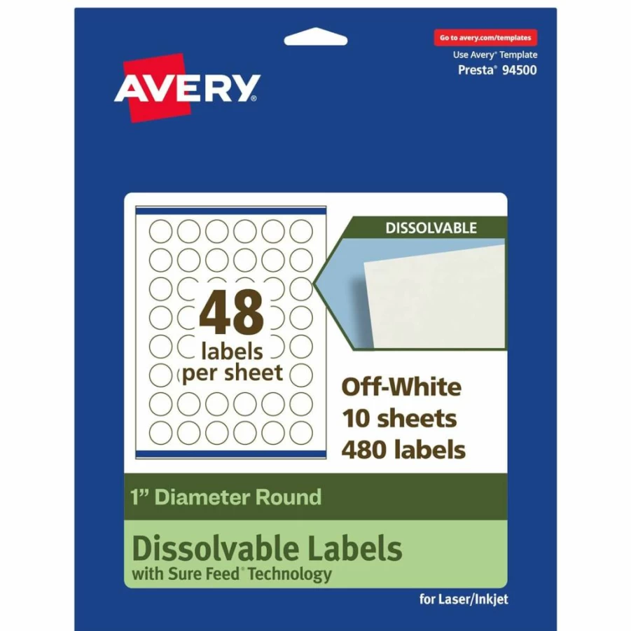 AVERY Round Dissolvable Labels, 1" Diameter, Matte White, Print-To-The-Edge, Compatible with Laser/Inkjet Printers, 1200 Adhesive Labels, Sure Feed Technology