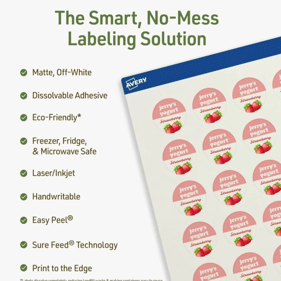 AVERY Round Dissolvable Labels, 1" Diameter, Matte White, Print-To-The-Edge, Compatible with Laser/Inkjet Printers, 1200 Adhesive Labels, Sure Feed Technology