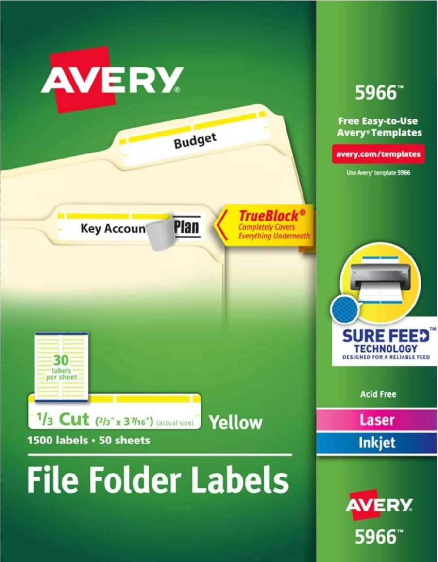 AVERY Trueblock Permanent File Folder Labels, 2/3" x 3-7/16", 1,500 White & Yellow Printable Labels (5966)