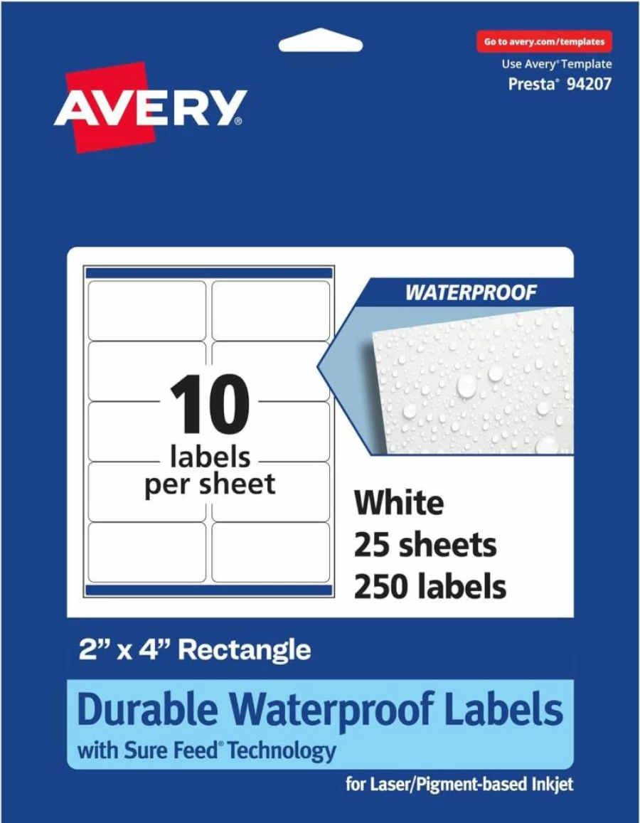 Avery 2" x 4" Rectangle Labels, 500 Pack, Waterproof, Tear-Resistant, Oil Proof, Laser/Inkjet Printable, Sure Feed Technology, Durable for Indoor/Outdoor Use