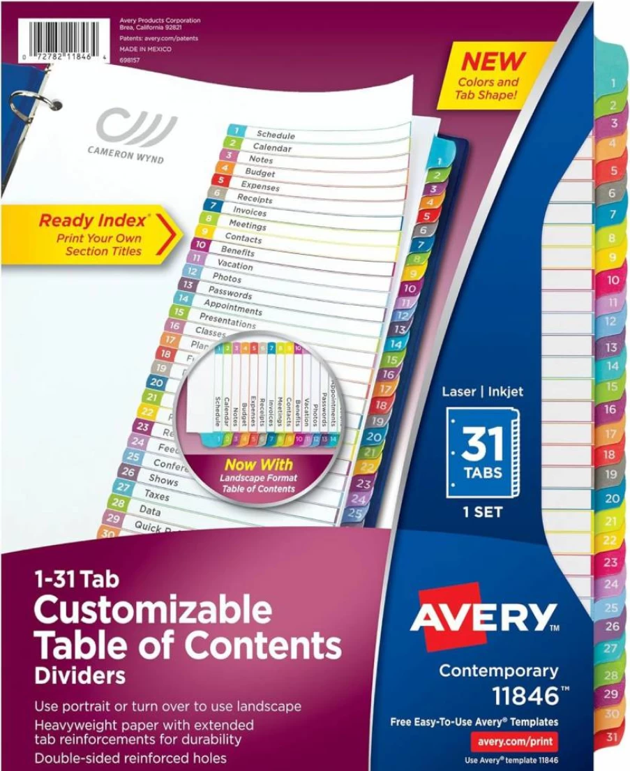 AVERY 1-31 Tab Dividers for 3-Ring Binders, 12 Pack Multicolor Index Tabs with Customizable Table of Contents (11846)