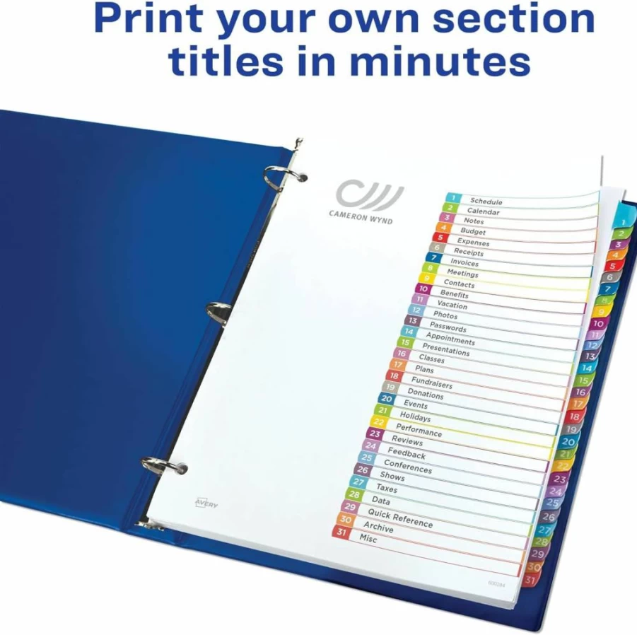 AVERY 1-31 Tab Dividers for 3-Ring Binders, 12 Pack Multicolor Index Tabs with Customizable Table of Contents (11846)