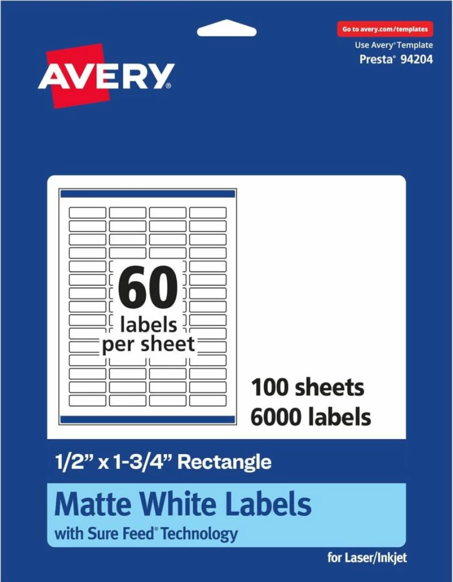 Avery Matte White Printable Labels 0.5" x 1.75" - 1,500 Adhesive Name Tags for Laser/Inkjet Printers, Sure Feed Technology, Durable Matte Finish