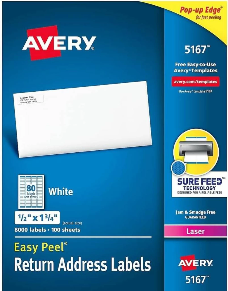 AVERY 5167 Permanent Adhesive Address Labels for Laser Printers, 1/2" x 1-3/4", 9,200 White Mailing Labels, Easy Peel Design