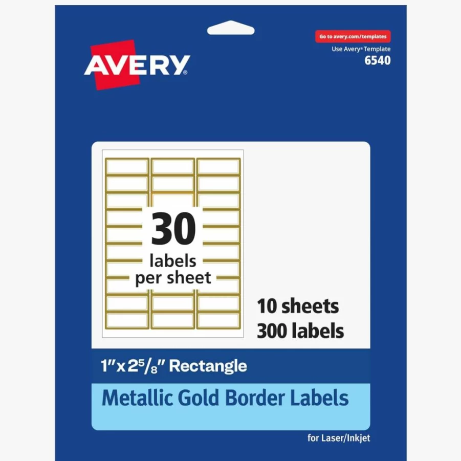 Avery 06540 Printable Address Labels, 1" x 2-5/8", Matte White with Gold Borders, 300 Permanent Mailing Labels for Laser & Inkjet, Wedding Favors & Events
