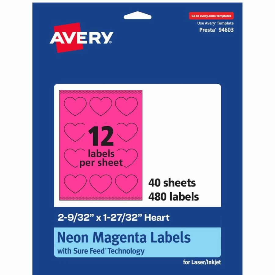 Avery Neon Magenta Printable Heart Labels, 2-9/32" x 1-27/32", Sure Feed Technology, 120-Pack for Mailing, Seals & Packaging, Laser/Inkjet Compatible, Print-To-The-Edge Design