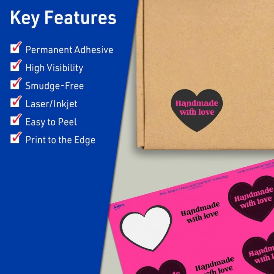 Avery Neon Magenta Printable Heart Labels, 2-9/32" x 1-27/32", Sure Feed Technology, 120-Pack for Mailing, Seals & Packaging, Laser/Inkjet Compatible, Print-To-The-Edge Design