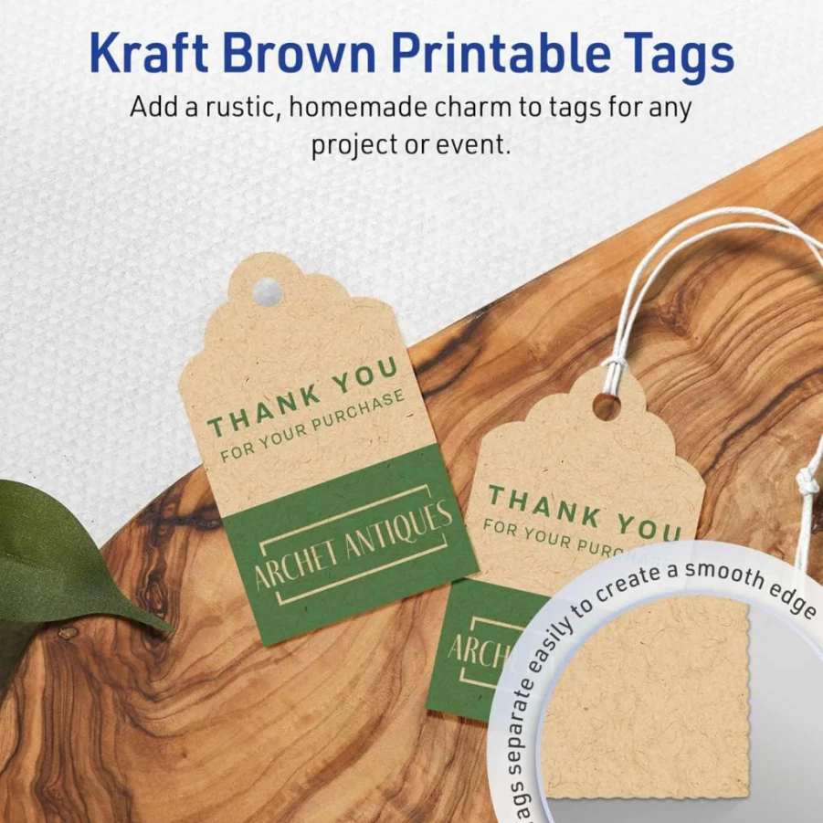 AVERY Printable Kraft Brown Scalloped Tags, 2" x 1-1/4", Sure Feed Technology, Laser/Inkjet Compatible, 180-Pack for Custom Gift & Branding Labels