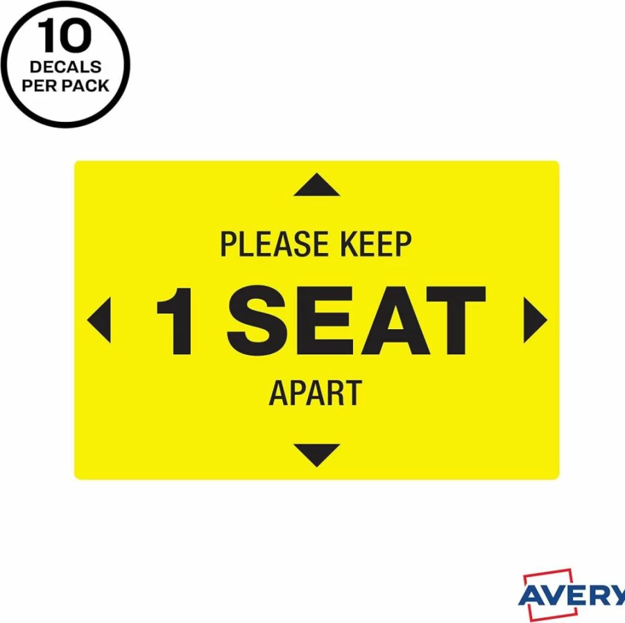 AVERY 83073 Social Distancing Decals, 10-Pack Yellow Keep 1 Seat Apart Signs, 4"x6" Surface Safe Removable Stickers for Public Spaces