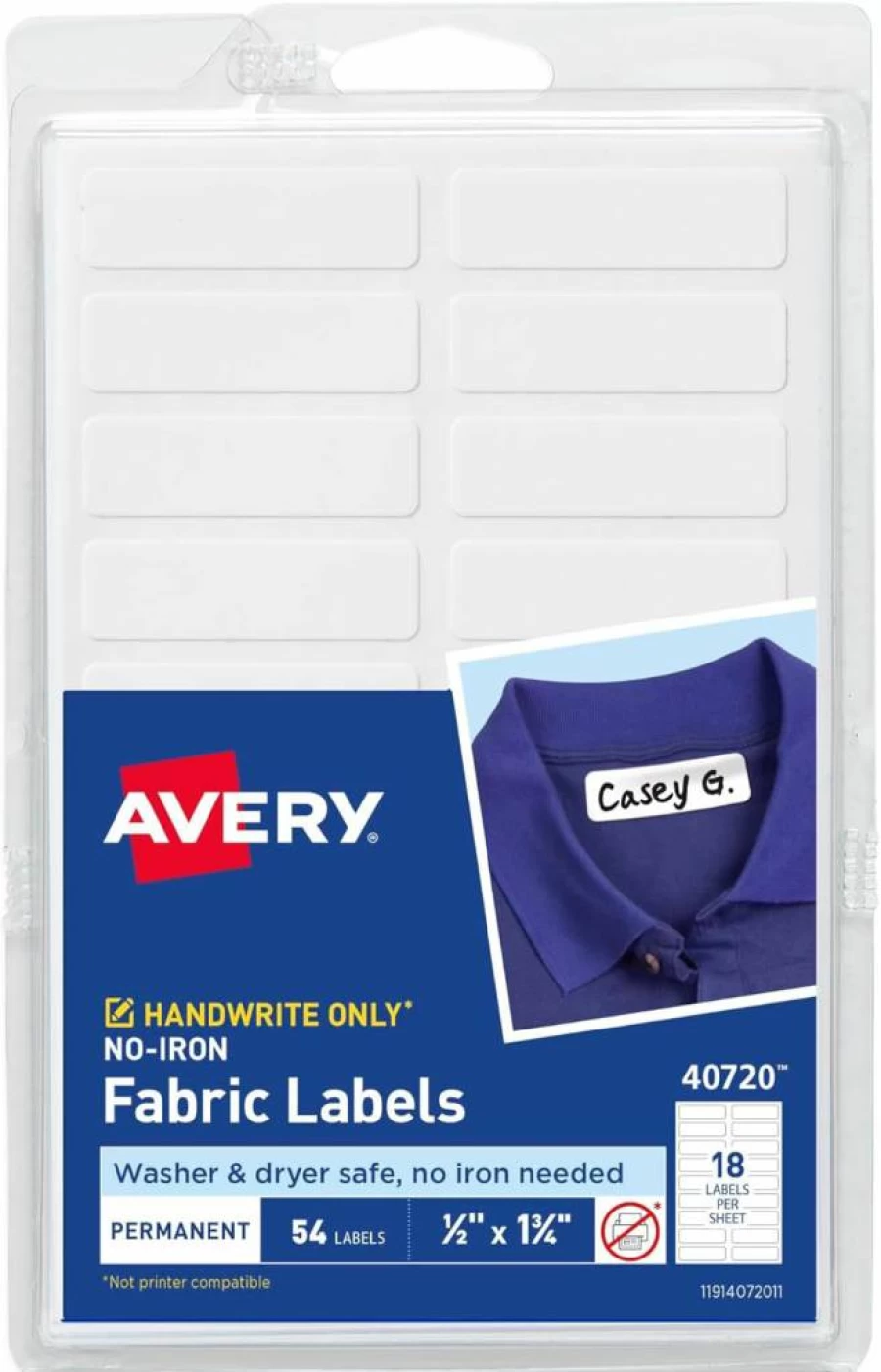Avery No-Iron Fabric Labels, 1/2" x 1-3/4", Washer & Dryer Safe, White, Non-Printable, 54 Labels per Pack, 2-Pack (108 Total) - 40720