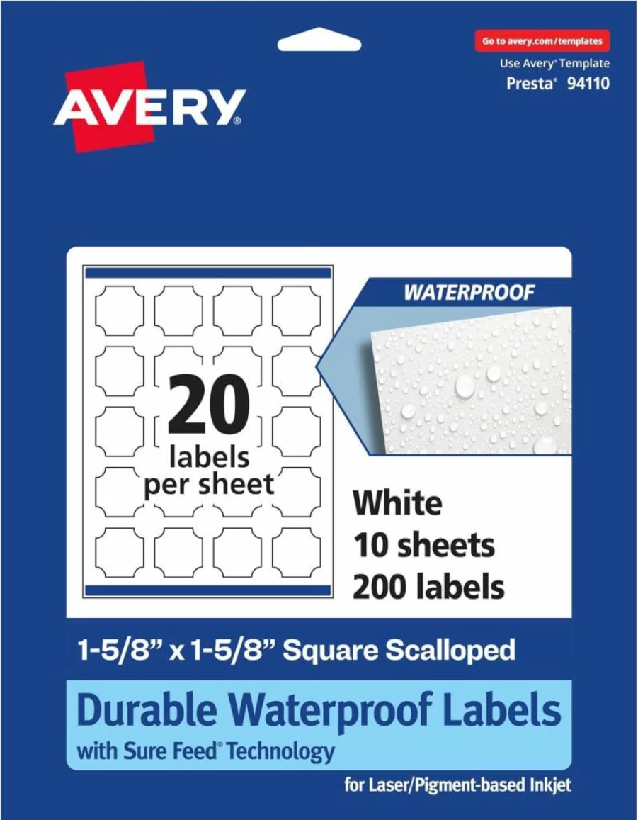 Avery Sure Feed Waterproof Labels 1-5/8" x 1-5/8" - 200 Pack, Tear & Oil Resistant, Scalloped Edge for Laser/Inkjet Printing