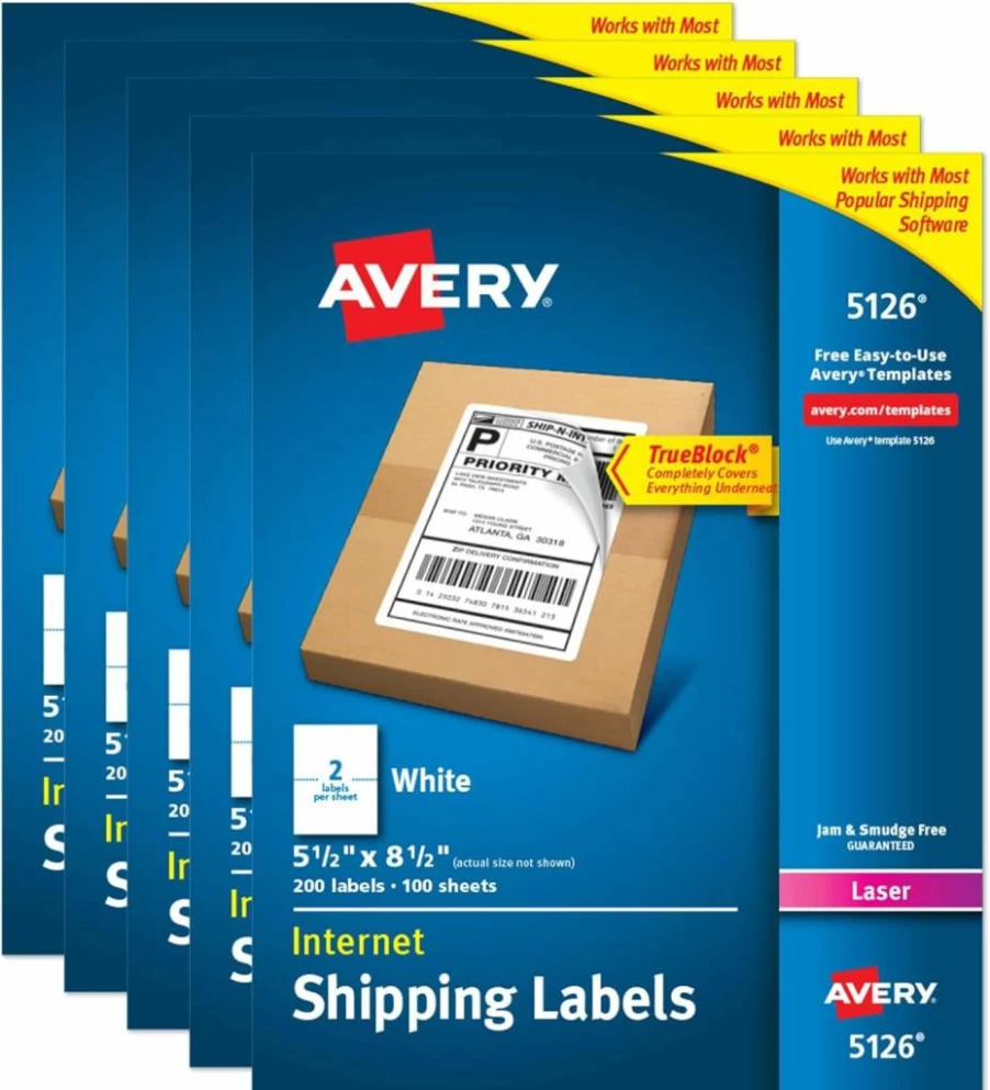 Avery 5126 Half-Sheet Printable Shipping Labels, 5.5" x 8.5" White Customizable Stickers, 5-Pack (1,000 Total) for Mailing, Organizing & Shipping