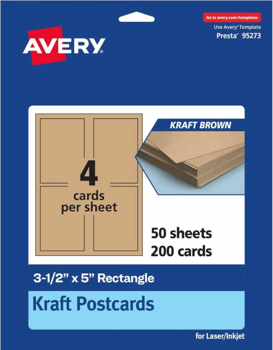 AVERY Printable Kraft Brown Postcards 3.5" x 5" - 200 Pack, Edge-to-Edge Printing, Compatible with Laser/Inkjet Printers