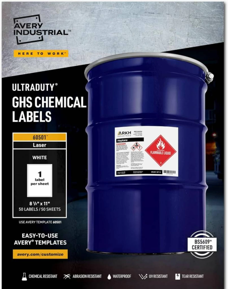 Avery Ultraduty GHS Chemical Labels for Laser Printers - Waterproof, UV Resistant, 8.5" x 11" Sheet, 50-Pack (60501) | Durable Hazardous Material Labels