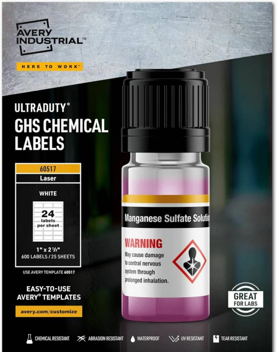 AVERY 60517 Ultraduty GHS Chemical Labels for Laser Printers, 1" x 2.5", Waterproof & UV Resistant, 600 Labels/Pack