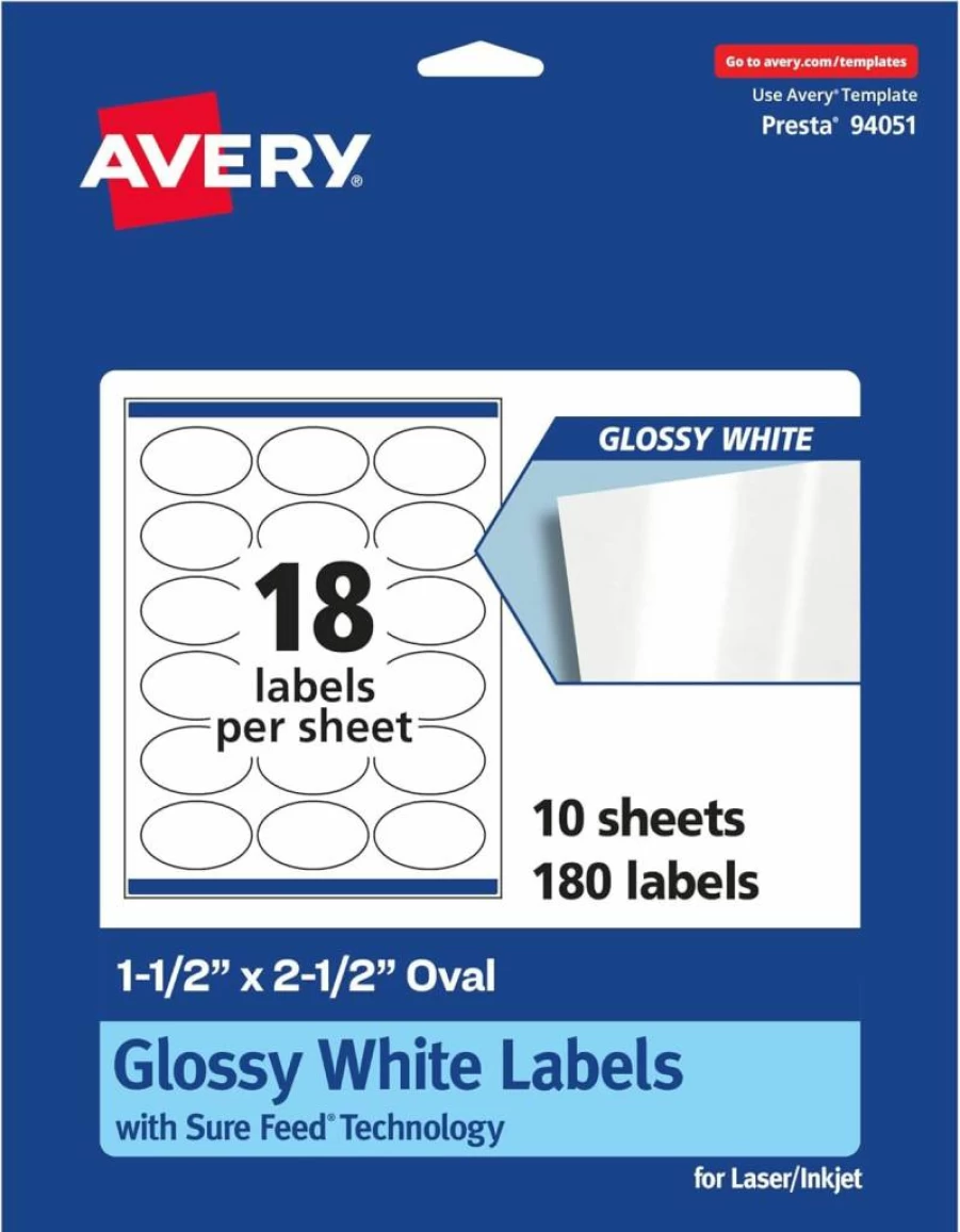 Avery Glossy White Oval Labels 1.5" x 2.5" - 180 Pack, Permanent Adhesive, Laser/Inkjet Printable, Sure Feed Technology for Smooth Printing