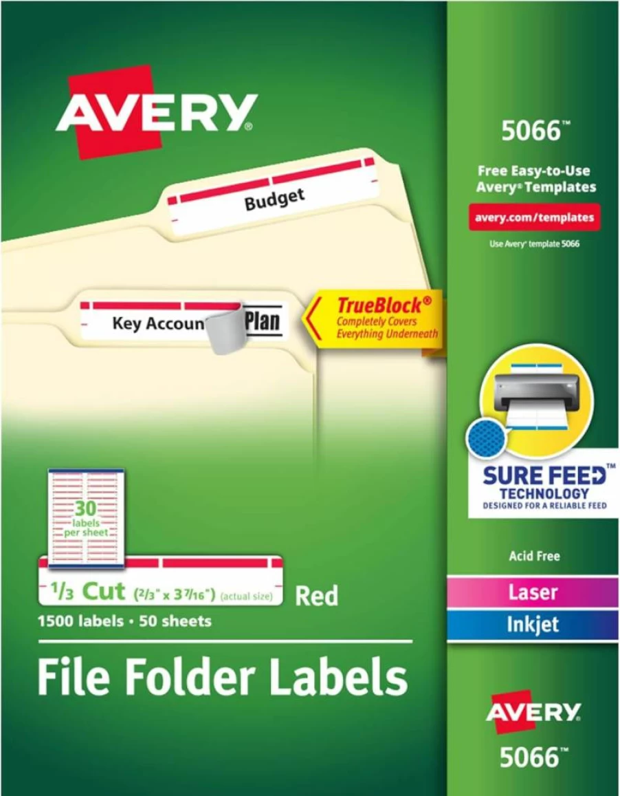 Avery Trueblock Permanent File Folder Labels, 2/3" x 3-7/16", 1,500 White/Red Printable Labels (5066) for Laser/Inkjet Printers