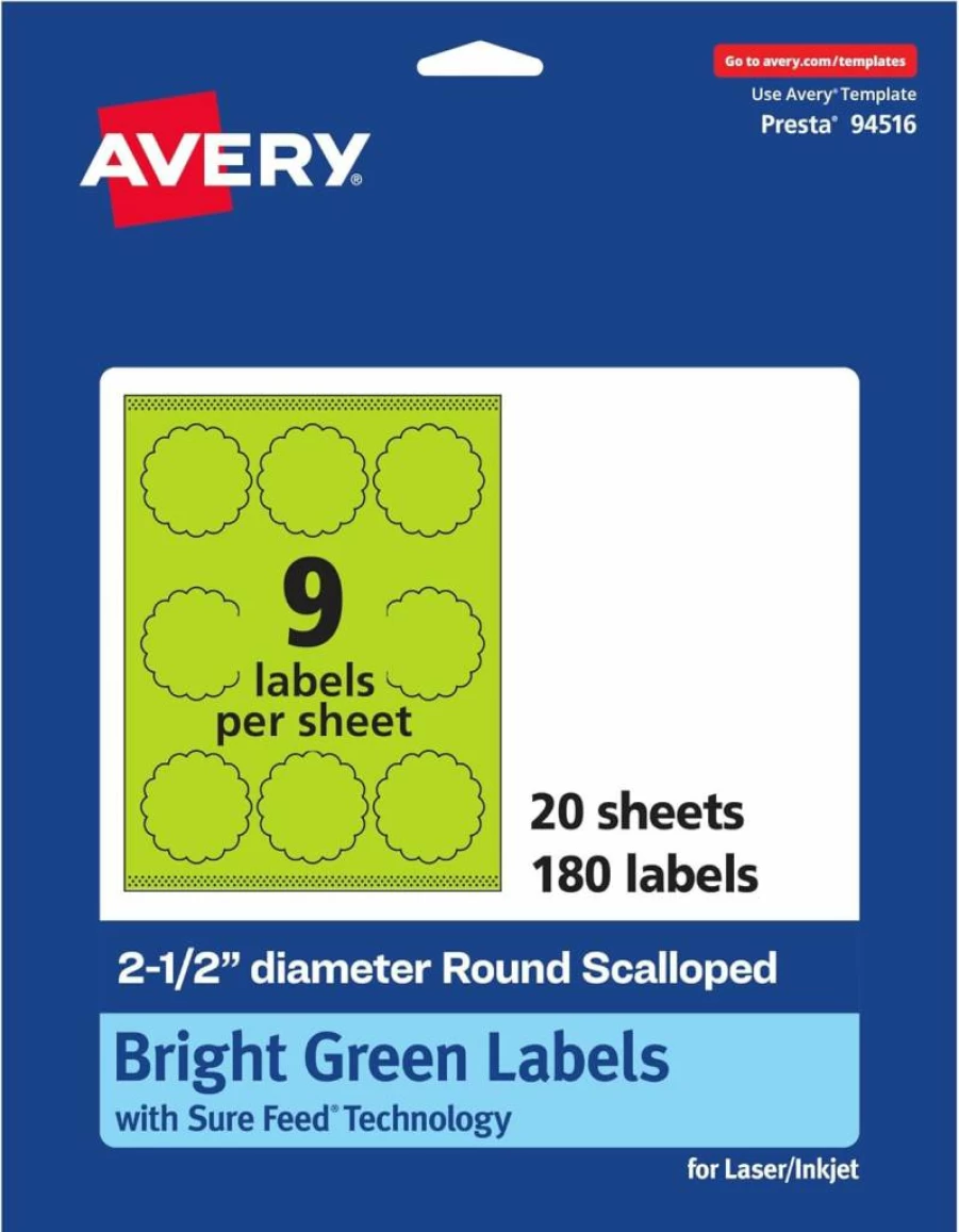 Avery 2-1/2" Round Bright Green Printable Labels with Sure Feed Technology, Scalloped Edge for Laser/Inkjet Printing, 90-Pack for Mailing Seals & Candle Decor