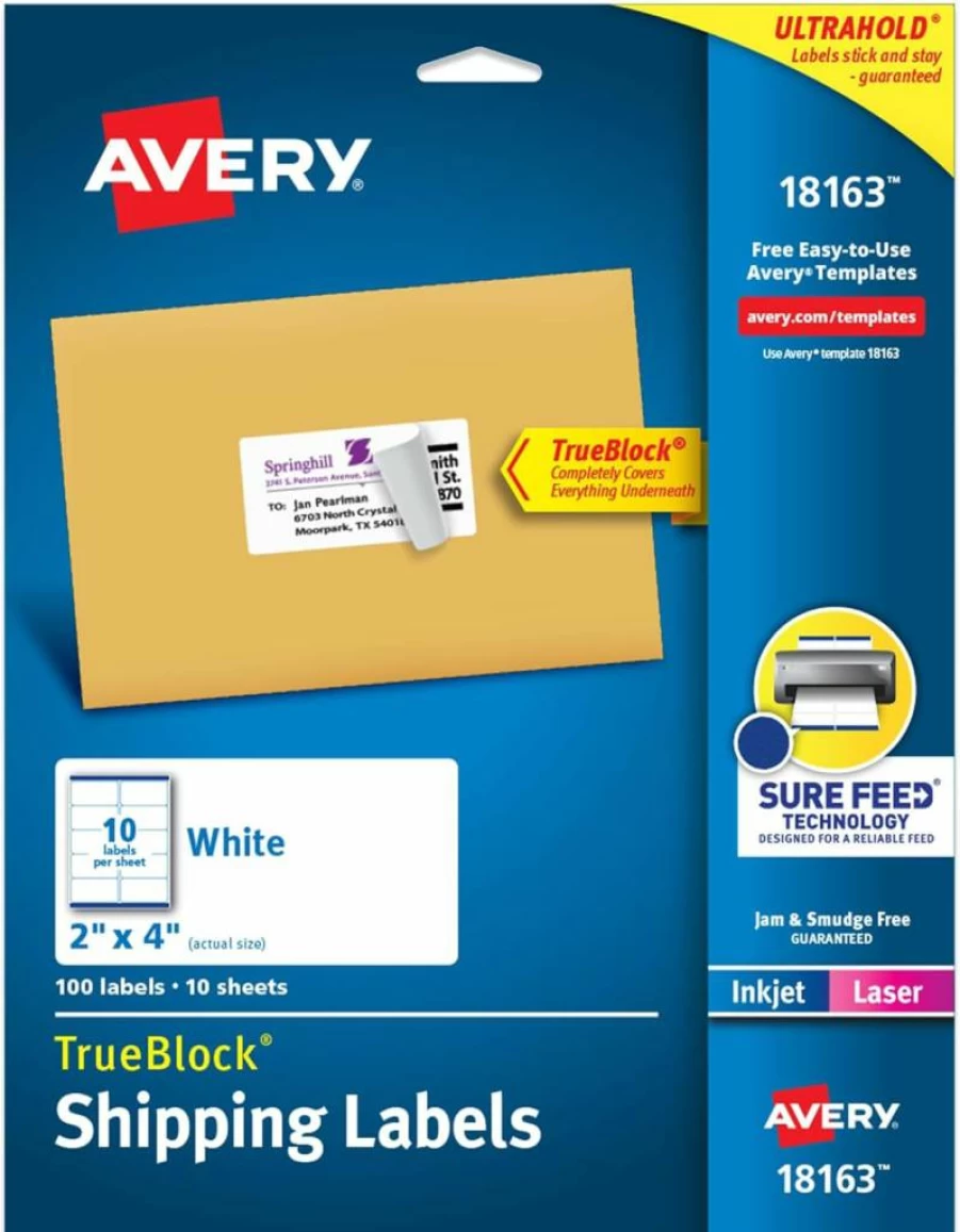 AVERY 18163 Printable Shipping Labels, 2" x 4" White Blank Mailing Stickers, 100-Pack, Sure Feed Technology for Reliable Printing, Customizable for Shipping, Mailing & Address Labels