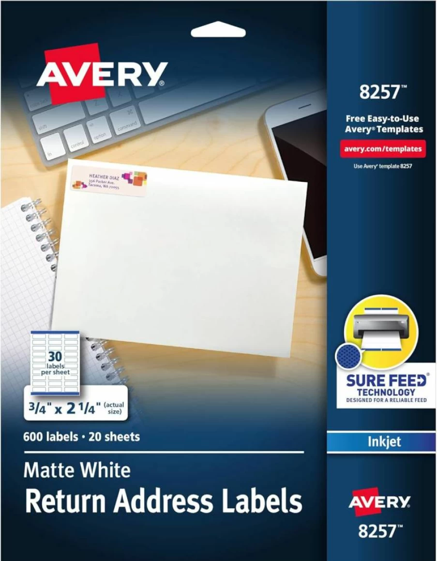 Avery 8257 White Matte Address Labels, 3/4" x 2-1/4", 600 Permanent Adhesive Labels with Sure Feed Technology for Inkjet Printers