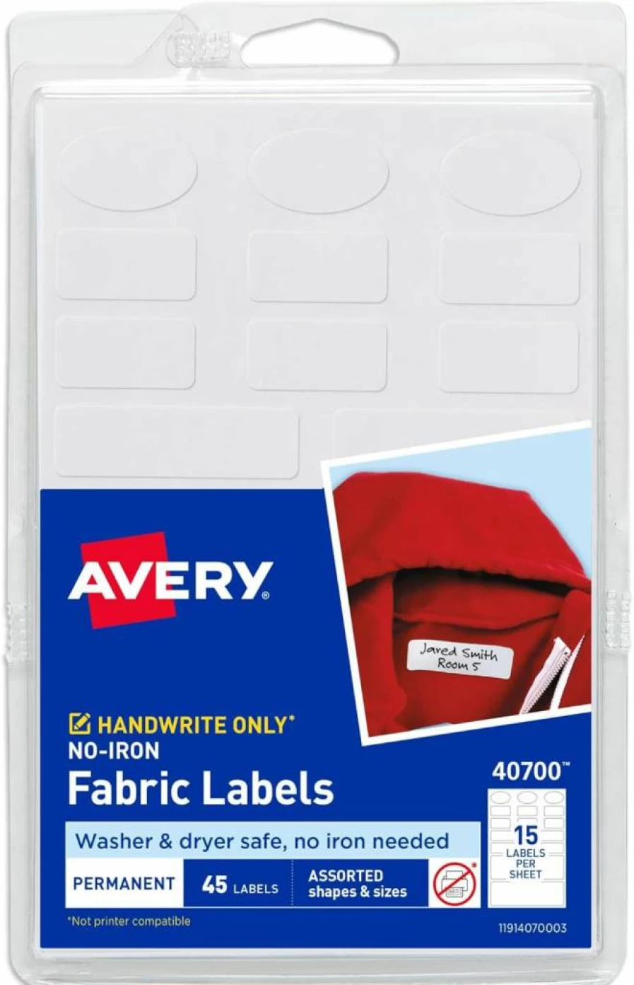 Avery No-Iron Fabric Labels - Assorted Shapes & Sizes, Washer & Dryer Safe, Waterproof, Non-Printable, 45-Pack (40700) for Clothing & Laundry Organization