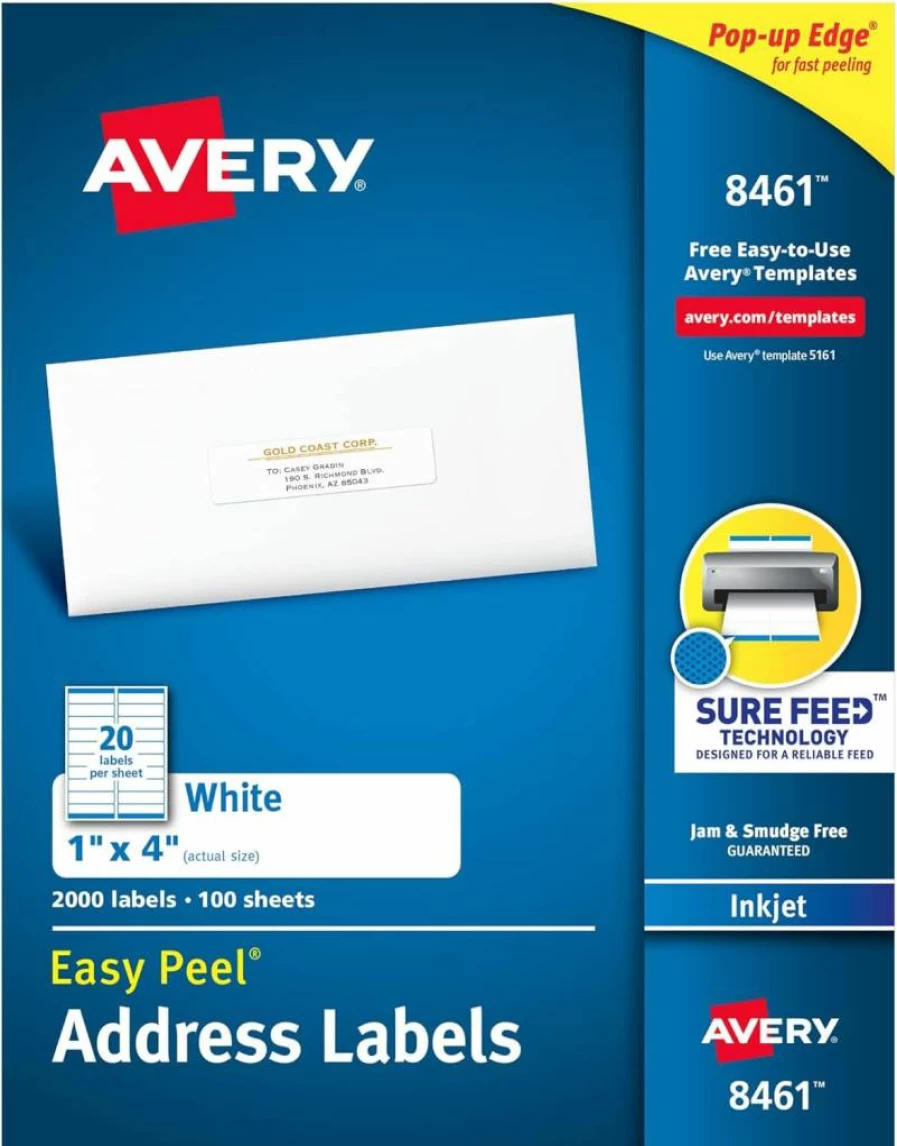 Avery 08161 Easy Peel Printable Address Labels, 1" x 4" White Mailing Labels, 500 Blank Sheets, Sure Feed Technology for Reliable Printing