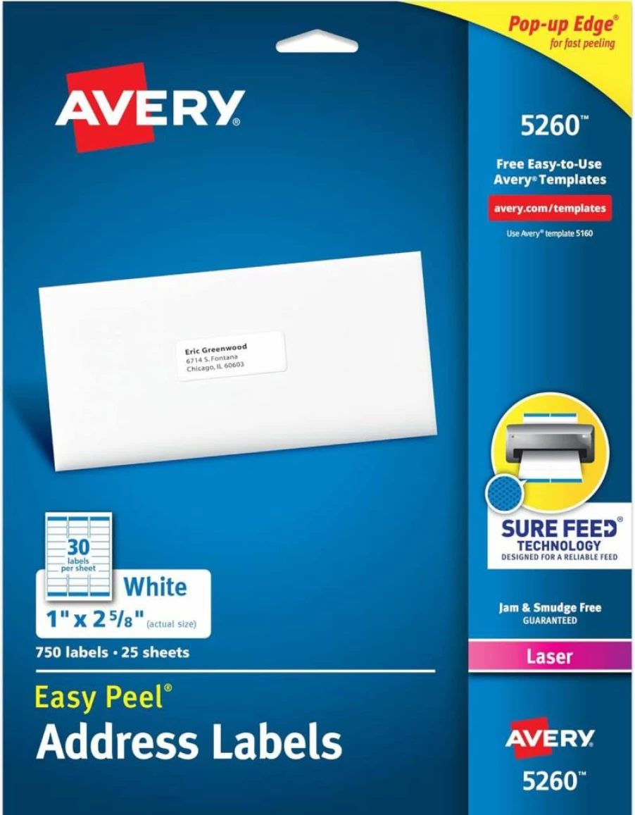 AVERY 5160 Easy Peel Printable Address Labels, 1" x 2-5/8" White Mailing Stickers, 3,000 Blank Customizable Labels for Shipping, Mailing & More, Sure Feed Technology