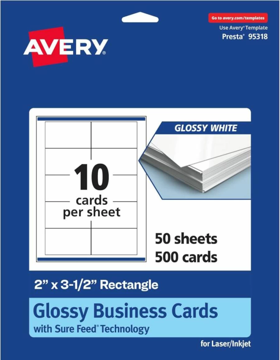 AVERY Glossy White Printable Business Cards, 2" x 3.5", Sure Feed Technology, Edge-to-Edge Printing, 100-Pack for Laser/Inkjet Printers