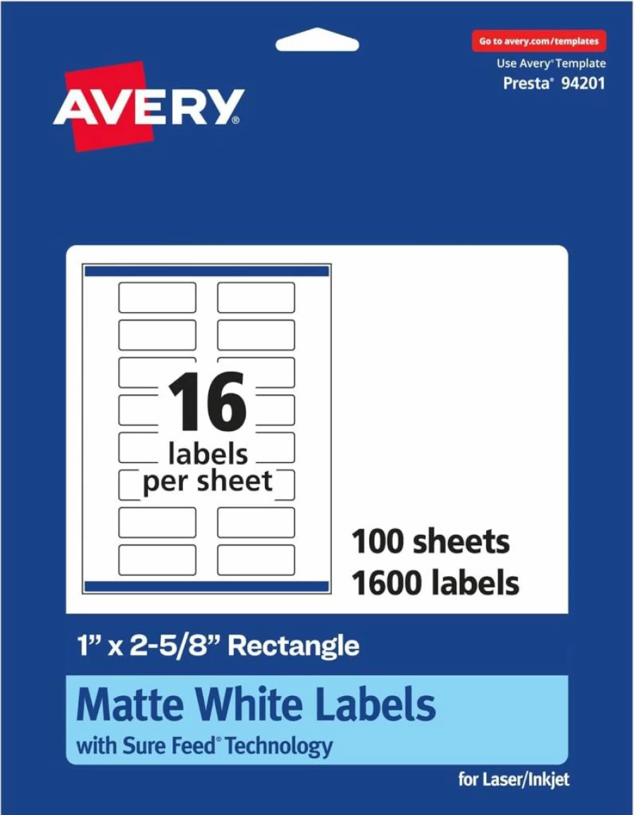 Avery Matte White Printable Labels 1" x 2-5/8" with Sure Feed Technology, 400 Count for Laser/Inkjet Printers