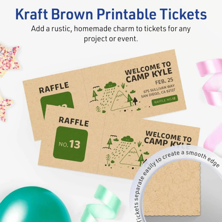 Avery Kraft Brown Printable Tickets 2-1/8" x 5-1/2" for Laser/Inkjet Printing, 400-Pack Cardstock