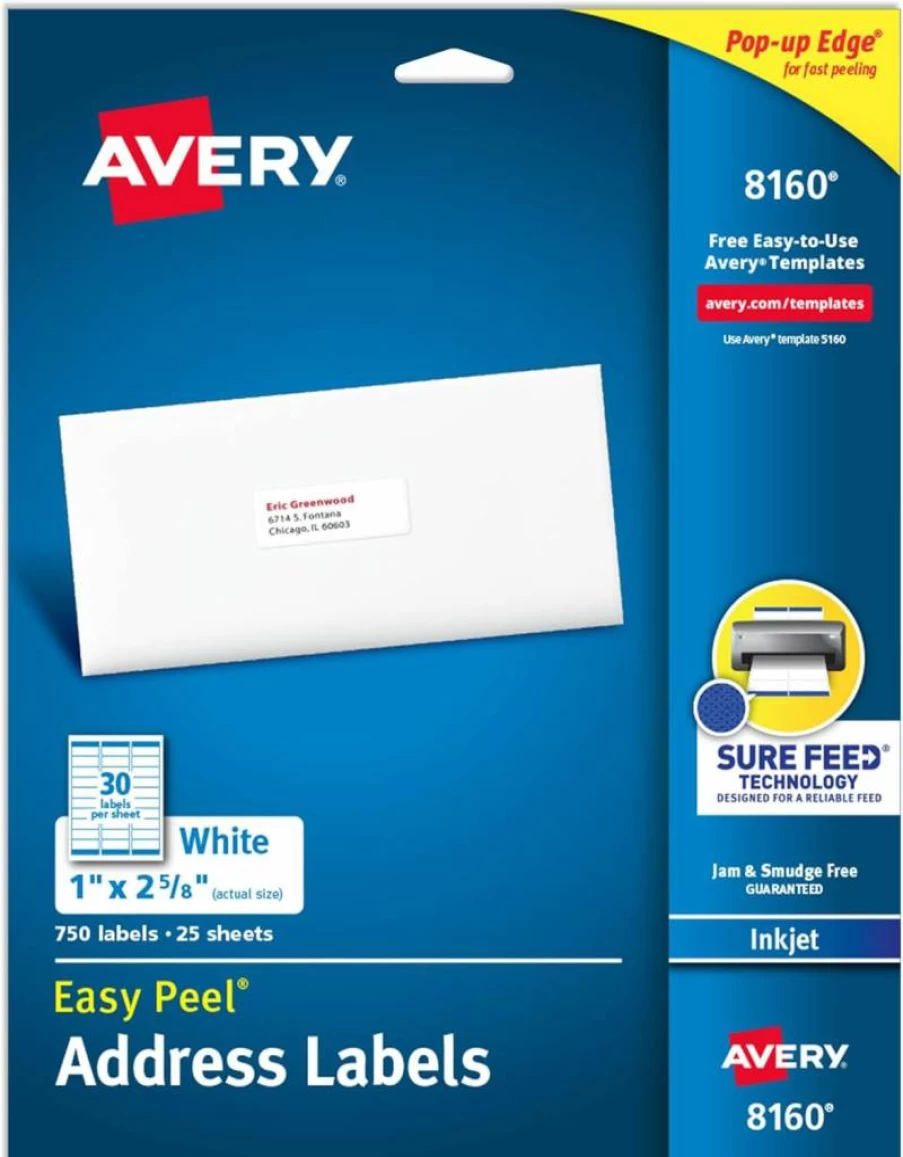 AVERY 8160 Easy Peel Printable Address Labels, 1" x 2-5/8" White Mailing Stickers, 750 Blank Customizable Labels for Shipping, Mailing & Organizing, Sure Feed Technology