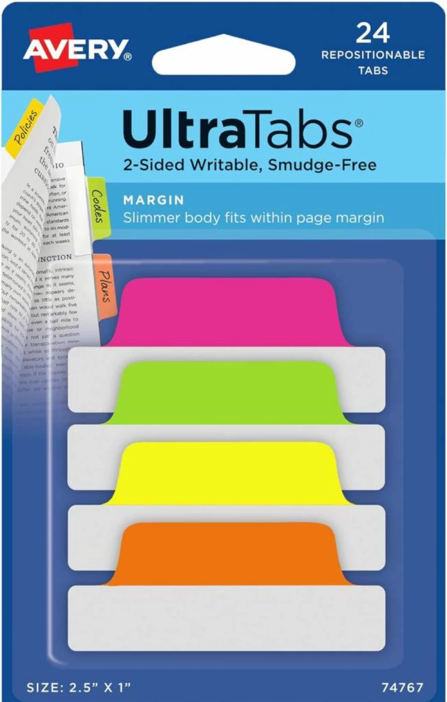 AVERY Repositionable Page Tabs, 2.5 x 1 Inch, 2-Sided Writable Neon Color Tabs, 24-Pack (74767) for Notebooks & Dividers