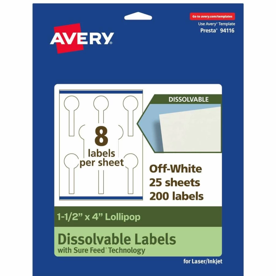 AVERY Dissolvable Lollipop Labels 1.5" x 4" - Matte White, Print-to-Edge, Laser/Inkjet Printable, 40-Pack, Sure Feed Technology
