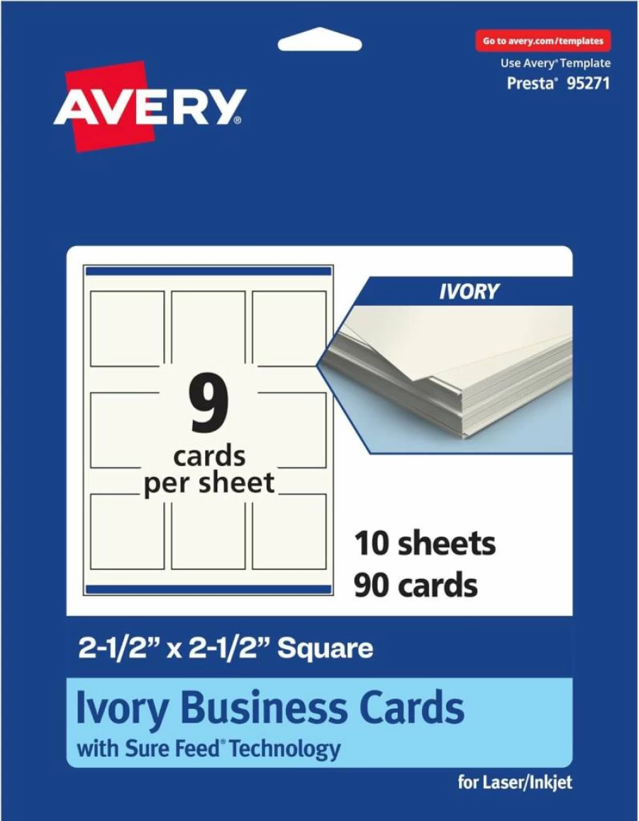 Avery Printable 2.5" x 2.5" Square Business Cards, Ivory Cardstock, Sure Feed Technology, Print-To-The-Edge Design, 450 Sheets for Laser/Inkjet Printers