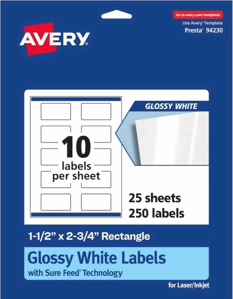 Avery 36456 Glossy White Rectangle Labels, 1.5" x 2.75", 100-Pack, Sure Feed Technology for Laser/Inkjet Printers