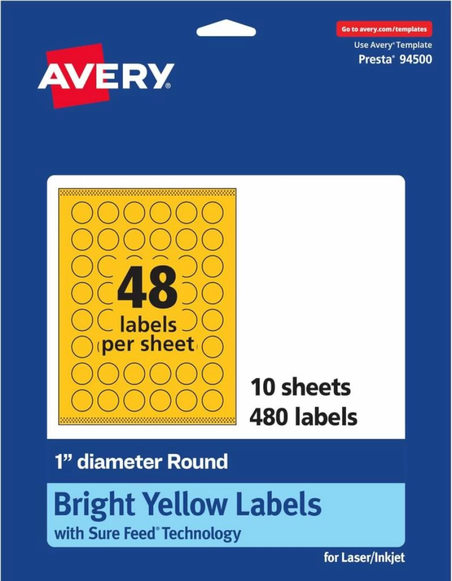 Avery 1" Round Printable Labels with Sure Feed Technology, Bright Yellow, Print-to-the-Edge for Laser/Inkjet, 480-Pack, Ideal for Price Stickers & Mailing Seals