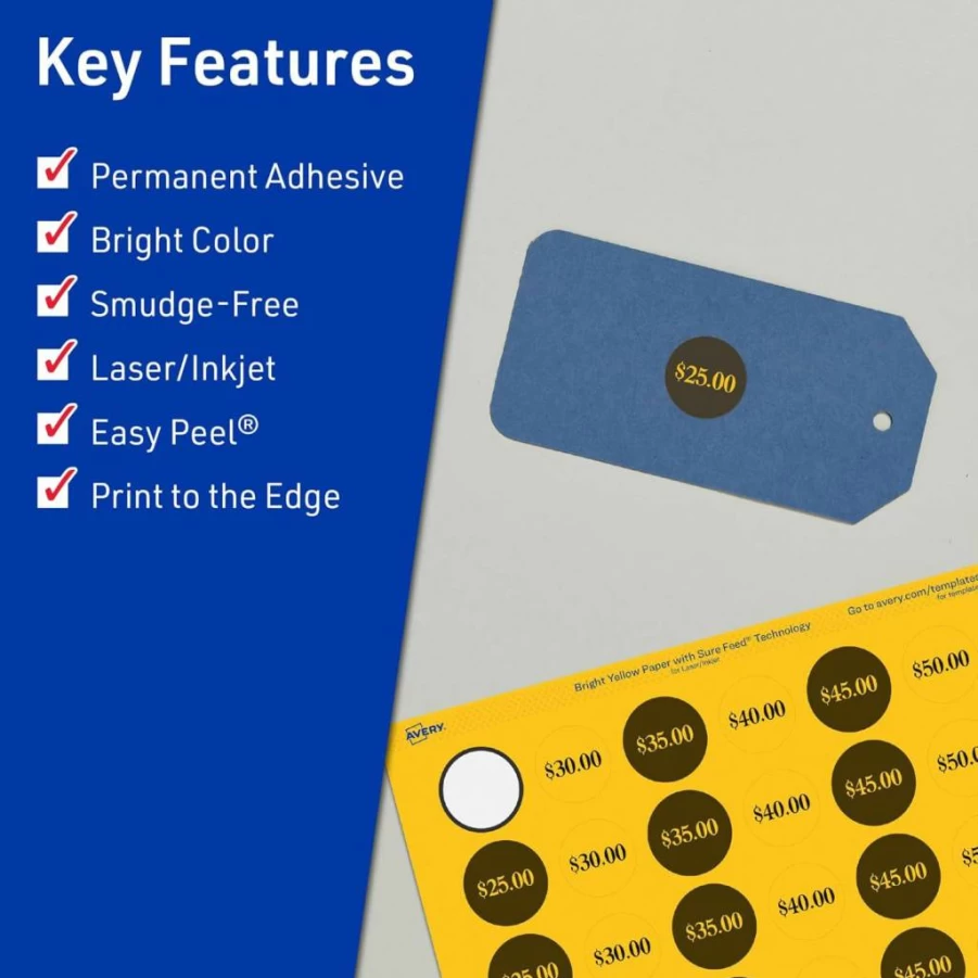 Avery 1" Round Printable Labels with Sure Feed Technology, Bright Yellow, Print-to-the-Edge for Laser/Inkjet, 480-Pack, Ideal for Price Stickers & Mailing Seals