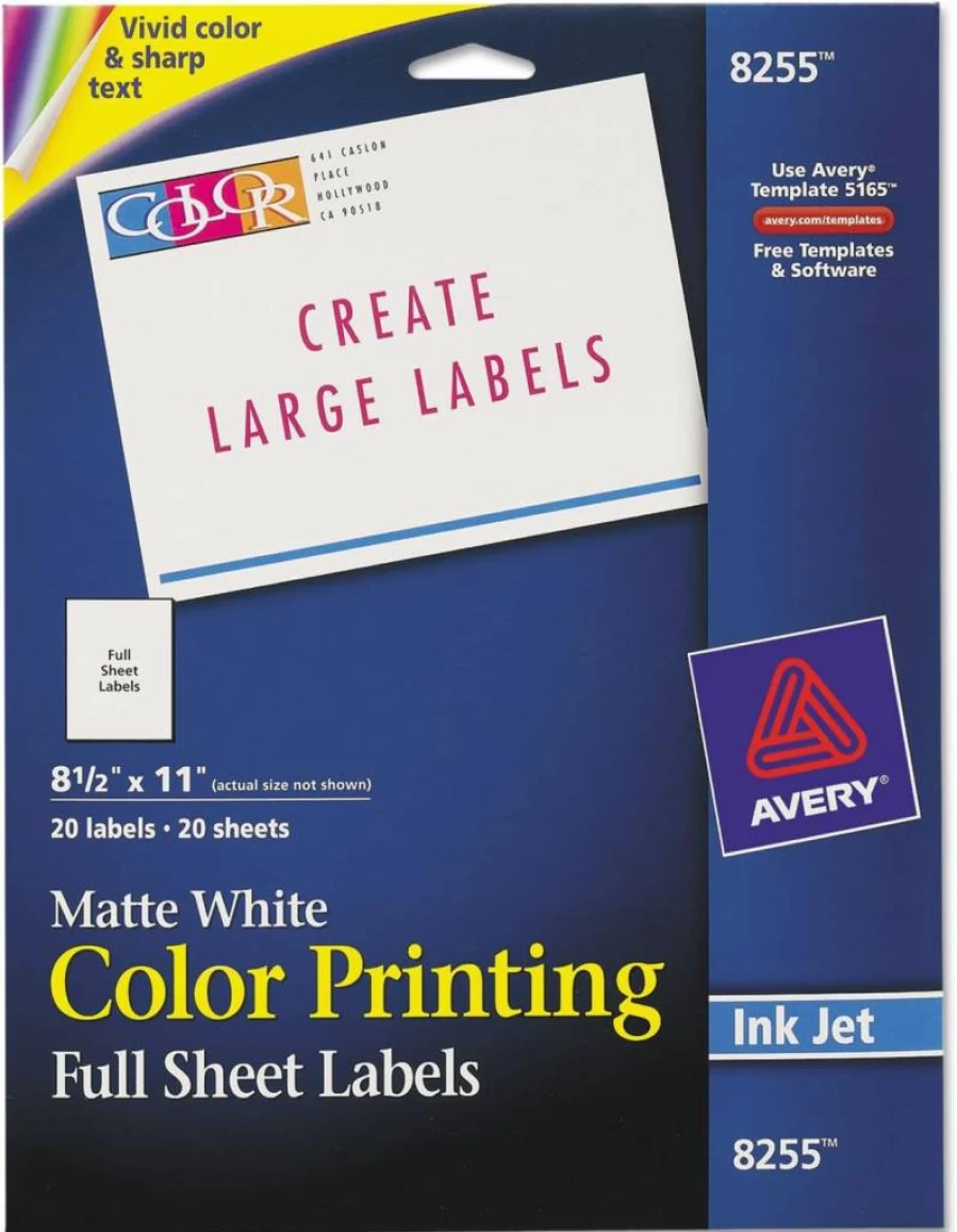 Avery 8255 Matte White Permanent Adhesive Shipping Labels, 8.5" x 11" Sheet, 20-Pack for Laser/Inkjet Printers