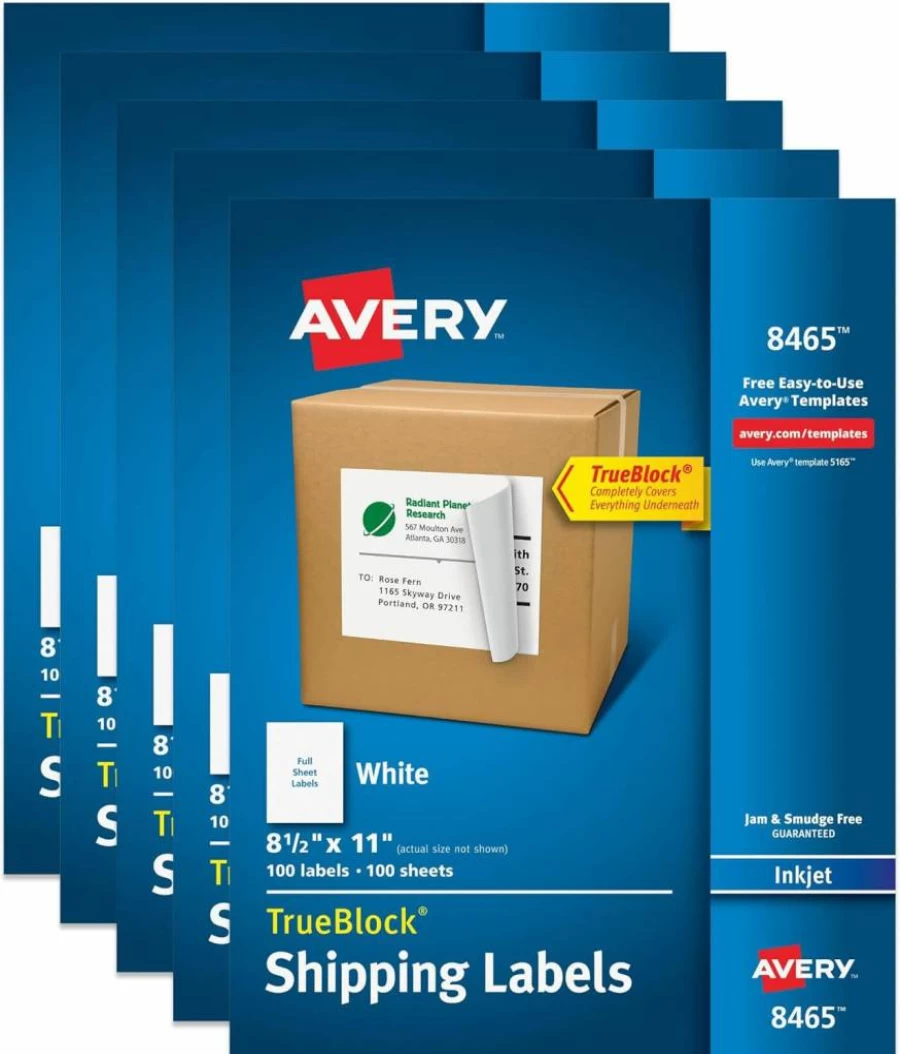 AVERY 8465 Full-Sheet Printable Shipping Labels, 8.5" x 11" White Customizable Mailing Stickers, 100 Blank Sheets for Shipping, Organizing & Packaging