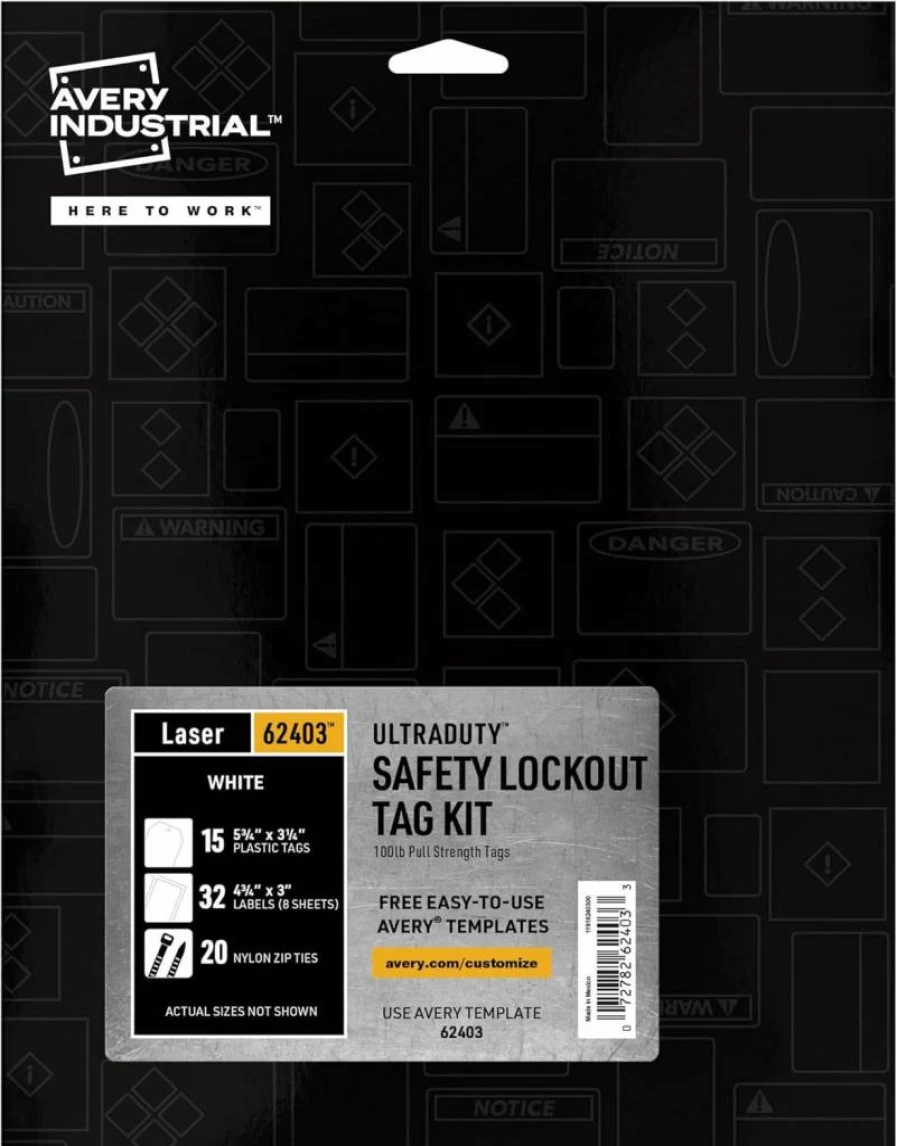 AVERY Ultraduty Lockout Tagout Kit with 15 Printable Tags, 100LB Strength, 5.75" x 3.25" Safety Tags (62403) for OSHA Compliance