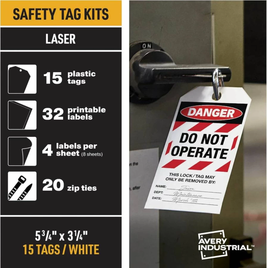 AVERY Ultraduty Lockout Tagout Kit with 15 Printable Tags, 100LB Strength, 5.75" x 3.25" Safety Tags (62403) for OSHA Compliance